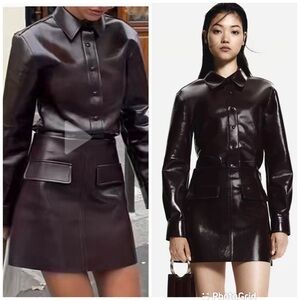 H&M Limited Edition Burgundy Coated Faux Leather Shirt Jacket + Skirt SET